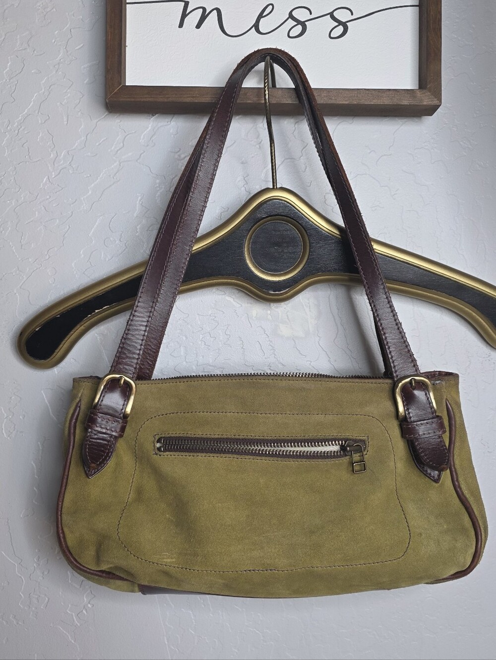 ROOTS Olive Suede‎ Shoulder Bag with Dark Brown Leather Straps